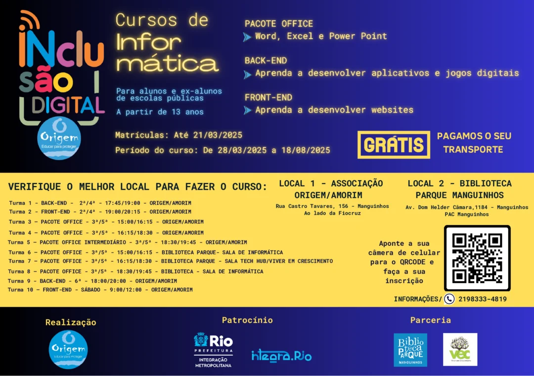ONG ORIGEM AMORIM CURSOS INFORMATICA Listagem com os cursos de informática gratuitos oferecidos pela ONG Origem Amorim